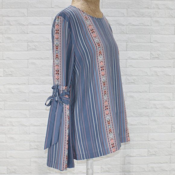 LC LAUREN CONRAD Blouse Stripe Bow Tie Ruffle Detail Trumpet Sleeve X-Large - Picture 2 of 13